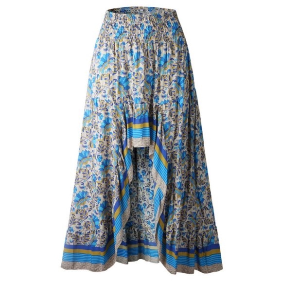 Bohemian gypsy Blue high low Floral Ruffle Maxi Skirt - Picture 6 of 11